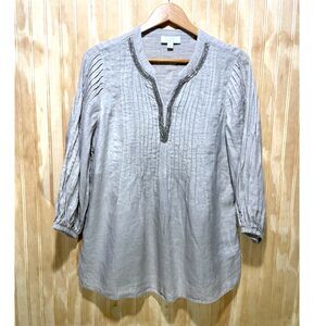 Charter Club linen shirt beaded top vacation resort wear neutral casual women L